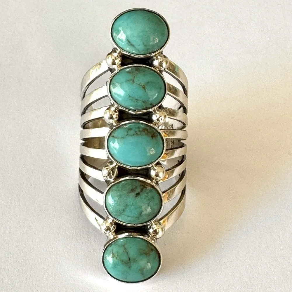 Long Navajo Ring Sz 9 Signed Yazzie Turquoise Sterling Native American 5 Stone